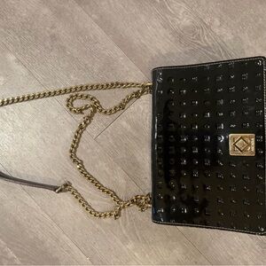 Black Patent Crossbody Chain Bag with Gold Hardware